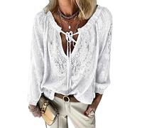 shownicer Mujer Camisas Túnica de Manga Larga Boho Blusa Camiseta de Encaje Suelta Casual Patchwork T-Shirt Tops Blanco M