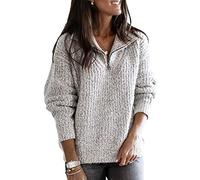 shownicer Suéter Mujer Jersey de Punto Cremallera Cuello En V Manga Larga Casual Jersey Otoño Invierno Sólido Sweater Jerséis Tops Gris L