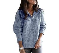 shownicer Suéter Mujer Jersey de Punto Cremallera Cuello En V Manga Larga Casual Jersey Otoño Invierno Sólido Sweater Jerséis Tops Azul L