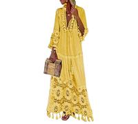 shownicer Vestido Mujer Bohemio Largo Verano Playa Fiesta Cordón Manga Larga Cuello en V Maxi Vestidos de Noche Fiesta Banquete Cóctel Amarillo XL