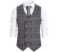 Showu Chaleco clásico de Paisley para hombre, conjunto de traje de doble botonadura chaleco formal de negocios de boda, Cuadros y Negro, Large