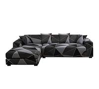 ShowyLive Juego de 2 Fundas Sofas 3 y 4 Plazas Ajustables Funda Cubre Sofá Chaise Longue Elásticas para Forma L Extraíbles Lavables (3 Plazas+4 Plazas, Cuadros Negros)