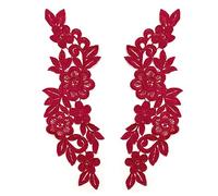 SHTGOI 1 par de apliques de encaje bordado de flores parche de encaje encaje cuello tul ribete tela ocupada bordado puerta decoración para manualidades, costura, disfraz, sastrería, boda, rojo vino
