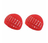 SHTGOI 2 gorros de punto Kufi hechos a mano, gorro de punto de algodón, gorro de calavera, gorro de oración, gorro islam, gorro transpirable para hombres y mujeres, rojo, 18*15cm