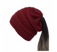 SHTGOI Gorro de coleta de punto de lana suave elástico, gorro de invierno con agujero para trenzas de bucle, gorro beanie holgado de punto grueso de ganchillo, gorro cálido para mujeres y niñas con