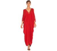 SHU-SHI - Caftán largo para mujer - Con escote de pico y hombros al descubierto - Cuentas doradas - Rojo - M