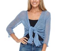 SHU-SHI - Cárdigan transparente para mujer - Con volante y nudo frontal - Punto ligero - Talla única - Azul celeste