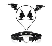 Shuade Tocado punk con alas de murciélago para Halloween, par de pinzas para el pelo + gargantilla + aro para el pelo, accesorios para disfraz de Halloween