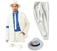 Shuanghao Adulto Disfraz Jacket Chaquet Pantalones+Shirt+Sombrero+Tie Ropa Costume Stripes Smooth Y Criminal Halloween Navidad Cosplay Fiestas Retro Hombre Trajes(Blanco,H:120-130CM,W:20-30KG)