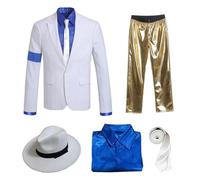Shuanghao Adulto Disfraz Jacket Chaquet Pantalones+Shirt+Sombrero+Tie Ropa Costume Stripes Smooth Y Criminal Halloween Navidad Cosplay Retro Hombre Trajes(Blanco+Dorado,H:170-180CM,W:65-70KG)
