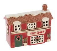 Shudehill Giftware Village Pottery - Portavelas de cerámica, colección Christmas Red House - Tienda de juguetes de Navidad, casa de muñeco de nieve o casa de renos (Toy Shop)