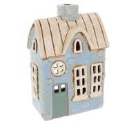 Shudehill Giftware Village Pottery - Portavelas de cerámica, colección Cobblestone House, ventana azul pastel o terraza doble amarilla (azul)
