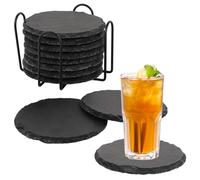 SHUESS 12 posavasos redondos de pizarra con soporte, 10 x 10 cm, piedra de pizarra negra con parte inferior resistente a los arañazos, posavasos para bebidas para bar, cocina, decoración del hogar,