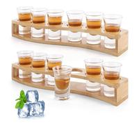 SHUESS Paquete de 12 vasos de chupito | Vasos de chupito de vidrio de 30 ml con soporte de bandeja de madera | Pequeño vaso de chupito transparente con base pesada para brandy, vodka, whisky, ron