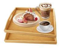 SHUESS Paquete de 2 bandejas de madera, 40 x 30 x 5 cm, bandeja rectangular de bambú con asas, bandejas para servir alimentos, bandeja grande con asas para desayuno, té, café, comer, bandeja llaves
