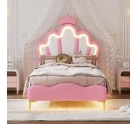 SHUGUANG Cama Infantil 90x200cm Cama en Forma de Corona, Cama Tapizada para Niñas, Cabecero Acolchado PU, Luz LED Ajustable, Estructura Cama Individual con Somier de Láminas, Sin Colchón, Rosa/Blanco