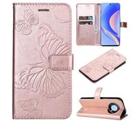 ShuiSu Funda tipo cartera de cuero vegano para Huawei Nova Y90, funda protectora con tapa con hermoso cierre magnético en relieve de mariposa, función atril, bolsillos para tarjetas (KP3), color oro