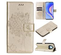 ShuiSu Funda tipo cartera de cuero vegano para Huawei Nova Y90, funda protectora con tapa con hermoso patrón de árbol, cierre magnético, función atril, bolsillos para tarjetas (KP2), color dorado