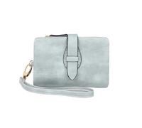SHUIXIAYUE Cartera clásica de tres pliegues para mujer, con bloqueo pequeño, tarjetero compacto con ventana de identificación y pulsera, monedero corto, R1001-gris azul, Talla única