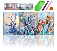 SHUIYUE Kit de Pintura de Diamantes 5D para Adultos - Paquete de 3 Kits de Arte de Diamantes DIY - Zorro, Elefante, Alce, Animal