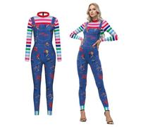 Shukqueen Disfraz de Ghost Chucky para mujer, disfraz de Halloween con rayas azules, talla M