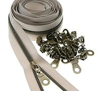 SHUNLI #5 Cremalleras de bobina de nailon metálico por The Yard, dientes de latón Antqiue/cinta de cremallera beige, a granel de 10 yardas con 25 deslizadores, reemplazo de cremallera para manualidades, bolsos, bolsos, ropa