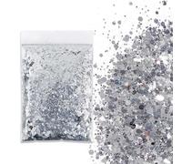 SHUOHONG 100g Purpurina Cara Festival, 3 Tamaños Mezclados Glitter Maquillaje, Brillantes para la Cara, Purpurina Pelo, Brillo Uñas para Manualidades Brillante Decoración Festival (Plata Brillante)