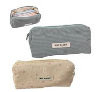 SHUOHONG 2 Piezas Grande Capacidad Estuche Pana, Bolsa Papelería con Cremallera, Color Sólido, Estuche para Lápices, Papelería para Adolescentes (Gris Azulado+Conejo Rosa)