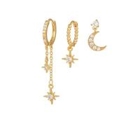 SHUOHONG 3 Piezas Pendientes Chapados en Oro, con Cadena Pendientes Luna Estrella Zircon, Pendiente Dorados con Colgante Minimalista, Oro Piercing Oreja, para Mujeres y Niñas