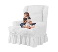 SHUOJIA Funda Elástica De Sillón Orejero,Terciopelo Funda De Sillón, Fundas para Sillones Orejeros 1 Plaza, Fundas para Sillones con Respaldo De ala con Volantes (White)