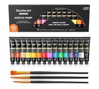 Shuttle Art Kit Pinturas Acrilicas 15 Tubos (12ml), Acrílico en Colores Ricos con 3 Pinceles, No Tóxicos, Ideales Pintura para Tela, Lienzo, Madera, Arcilla, Cerámica para Adultos y Niños