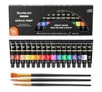 Shuttle Art Kit Pinturas Acrilicas 16 Tubos (12ml), Acrílico en Colores Ricos con 3 Pinceles, No Tóxicos, Ideales Pintura para Tela, Lienzo, Madera, Arcilla, Cerámica para Adultos y Niños