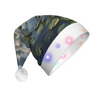 SHuWeiD Sombreros de Papá Noel con estampado de lago pacífico, sombrero de Papá Noel de franela con luces LED, accesorio de fiesta de vacaciones
