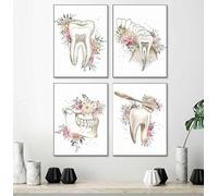 SHUYINGHENGXIE Anatomía dental arte pintura floral acuarela cartel dental impresión de lona clínica dental mural arte foto decoración sin marco-30x40cmX4