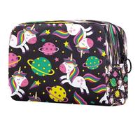 Shy Happy Unicornio Colorido Planeta Rosa Negro Bolsa de cosméticos para mujer, Neceser de viaje, Bolsa organizadora de maquillaje con cremallera, multicolor, 18.5x7.5x13cm/7.3x3x5.1in, Neceser