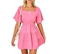 Shy Velvet Vestido de Verano para Mujer, Cuello Cuadrado, Manga Corta, Cintura Cruzada, Casual, Vestido de Fiesta, Rosado, Medium