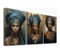 SHYAMIC Cuadro de lienzo de mujer negra africana, Azul, oro Lienzo Pintura Abstracta Pared Arte Imagen Cartel Moderno Sala de Estar decoración Impresiones - 50x70cmx3 Enmarcado