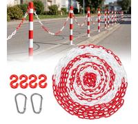 Shyllin 10m Cadena de Seguridad de Plástico,6mm,Incluye 4 Ganchos en Forma de S y 2 Mosquetones,Adecuado para Obras de Construcción, Estacionamientos y Control de Multitudes (Rojo y blanco)
