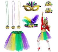 Shyllin 8 PCS Disfraz Accesorios Años 80, Disfraces de Carnaval Set, Disfraces de Carnaval Mujer,Tutú, Máscara, Pulseras, Collar, Diadema Plumas, Carnaval Disfraz Accesorios, Tutú Carnaval Set