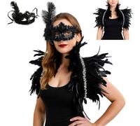 Shyllin Chal de Plumas para Mujer Gotico, Disfraces Halloween Mujer Capa Negra Chal Gótica de Plumas con Máscara de Mascarada, Medieval Victoriano Mantón de Pluma, Halloween Costume Carnaval Cosplay