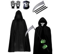 Shyllin Disfraz de Parca Adulto, Disfraz de Muerte con Capa Negra con Capucha, Máscara de Esqueleto, Guantes, Guadaña, Disfrazs de Halloween Fantasma para Carnaval Halloween Cosplay