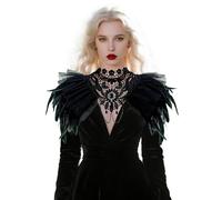 Shyllin Negro Capa de Plumas, Gótico Capa de Plumas, Victoriano Chal, Negro Mantón Pluma, Victoriano Cuello, Mujer Gótico Cuello, Encaje Chal Pluma para Halloween, Carnaval, Cosplay, Fiesta (B)