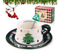 Shyllin Taza de Café de Navidad, 290ml,Juego de Tazas de Porcelana de Navidad,Taza de Té,Puede Ser Caliente o Frío,Viene con Cuchara y Plato,Adecuado para Regalar,Merry Christmas (Árbol de Navidad)