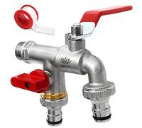 SHYNE Grifo Doble de Calidad de Latón de 3/4 '' Pulgada - Resistente al Óxido y las Heladas + 2 Conexiones de Manguera + E-Book | Para Jardín, Lavadora, Barril de lluvia (2 Piezas)