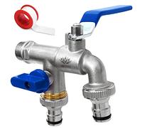 SHYNE Grifo Doble de Calidad de Latón de 3/4 '' Pulgada - Resistente al Óxido y las Heladas + 2 Conexiones de Manguera + E-Book | Para Jardín, Lavadora, Barril de lluvia