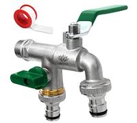 SHYNE Grifo Doble de Calidad de Latón de 3/4 '' Pulgada - Resistente al Óxido y las Heladas + 2 Conexiones de Manguera + E-Book | Para Jardín, Lavadora, Barril de lluvia (2 Piezas)