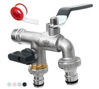 SHYNE Grifo Doble de Calidad de Latón de 3/4 '' Pulgada - Resistente al Óxido y las Heladas + 2 Conexiones de Manguera + E-Book | Para Jardín, Lavadora, Barril de lluvia