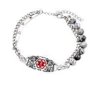SHYYOULQE Pulsera de Acero Inoxidable con Doble Hilo y Grabado Personalización Pulsera de Tamaño Ajustable Alerta Médica de Acero Inoxidable Doble Capa Ajustable