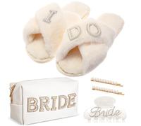 Shyyween Juego de 5 piezas de regalo de novia, bolsa de maquillaje para novia, pantuflas con pinza para el pelo y horquillas, accesorios para ducha, boda, compromiso, dama de honor, regalo para novia,