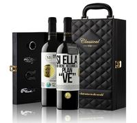 «Si ella no viene, recurre al plan VE» Mensaje en una Botella. Estuche-Maletín de LUJO 2x Vino Tinto Premium Reserva 12 Meses y Set de 4 Accesorios. Etiqueta Blanca PERSONALIZABLE